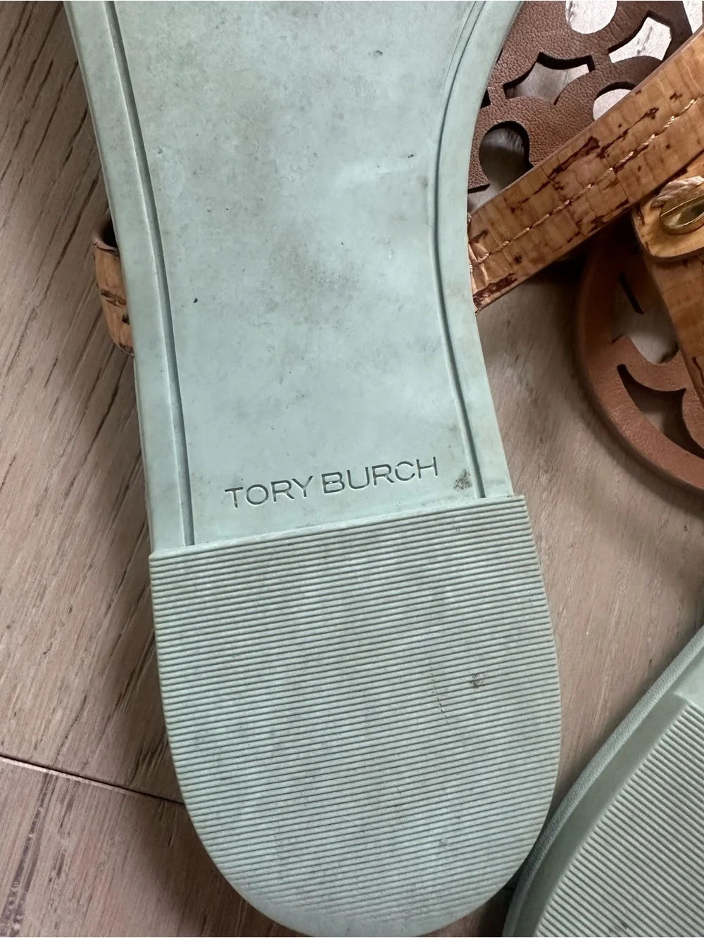 Tory Burch Light Blue Footbed Cork Logo Thong Sandals